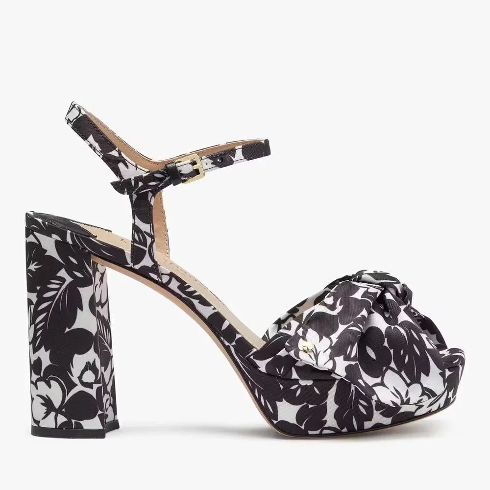 Kate Spade Black & White Print Ankle Strap Block Heel Bow Sandals(Size 11B)